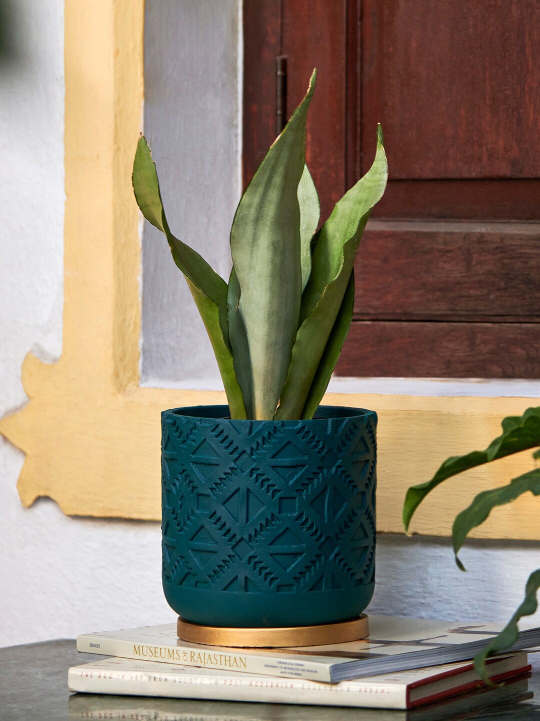 

Chumbak Teal Green & Gold-Toned Handcrafted Carved Planter