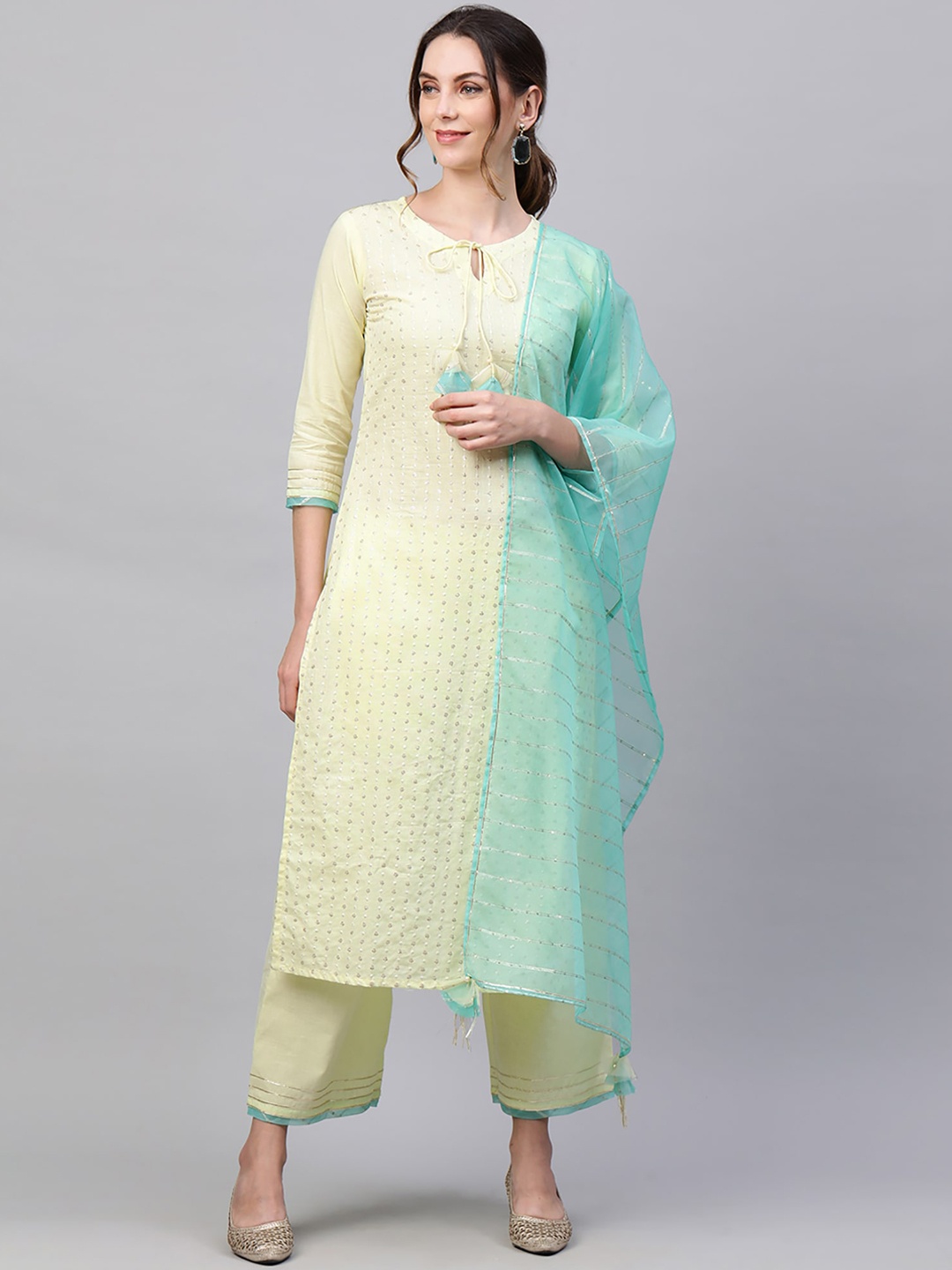 

Indo Era Women Yellow & Blue Embroidered Straight Kurta & Palazzos With Dupatta