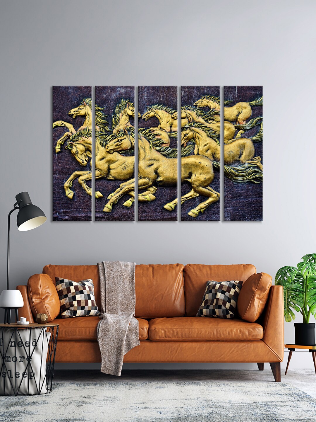 

999Store Set Of 5 Gold-Toned & Grey Running Horse Printed Wall Paintings