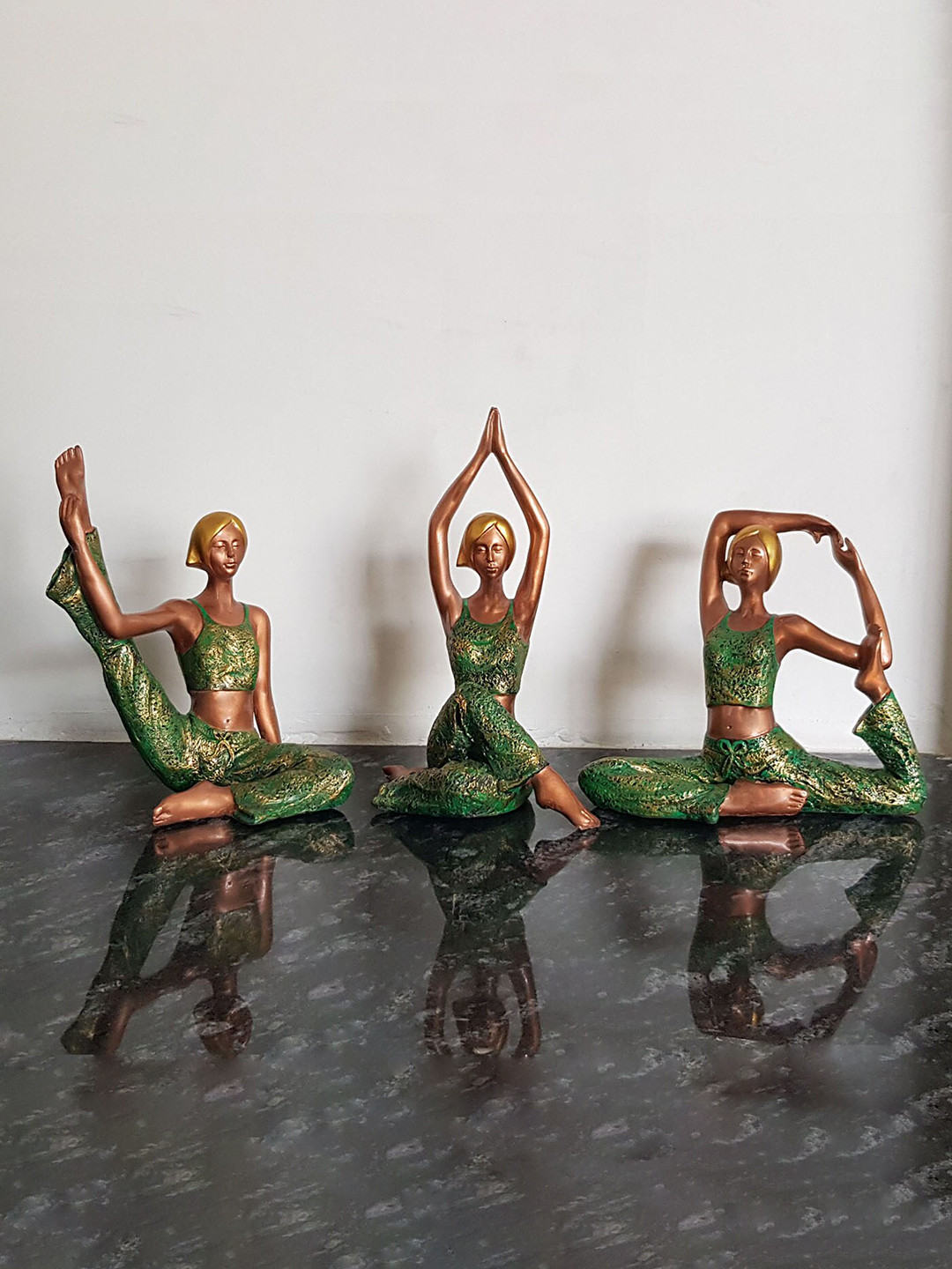 

Wonderland Set Of 3 Green & Copper-Toned Yoga Girls Resin Showpieces