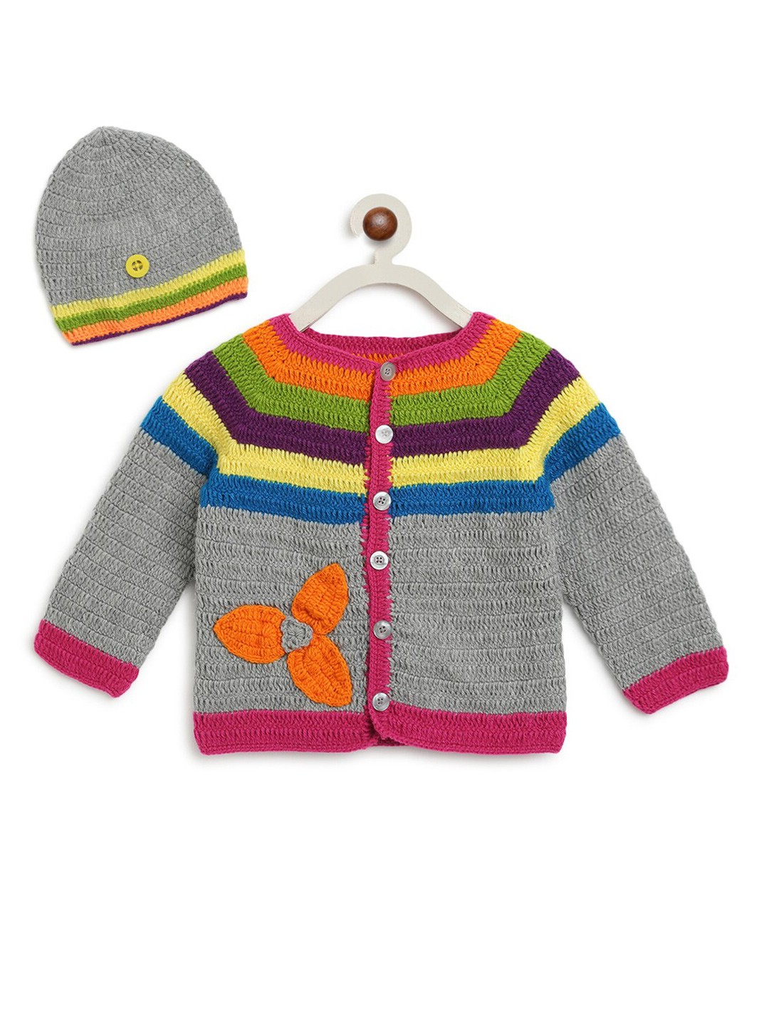 

CHUTPUT Unisex Kids Grey & Blue Striped Front-Open Crochet Sweater