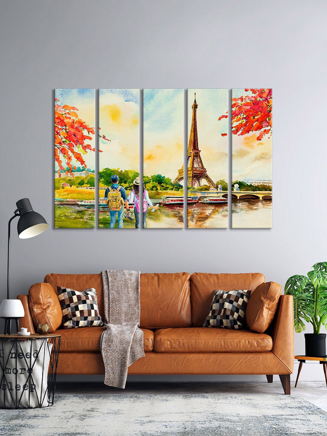 

999Store Set Of 5 Red & Yellow Eiffel Tower Famous With Romantic The Seine River View Wall Art Frames