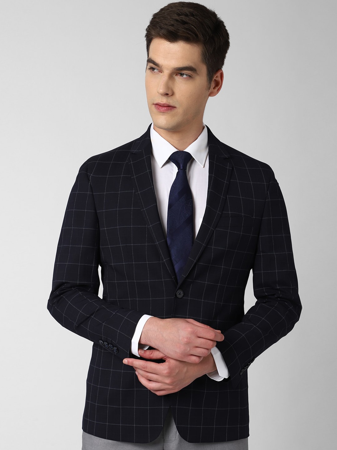 

Peter England Elite Navy Blue Checked Single-Breasted Formal Blazer