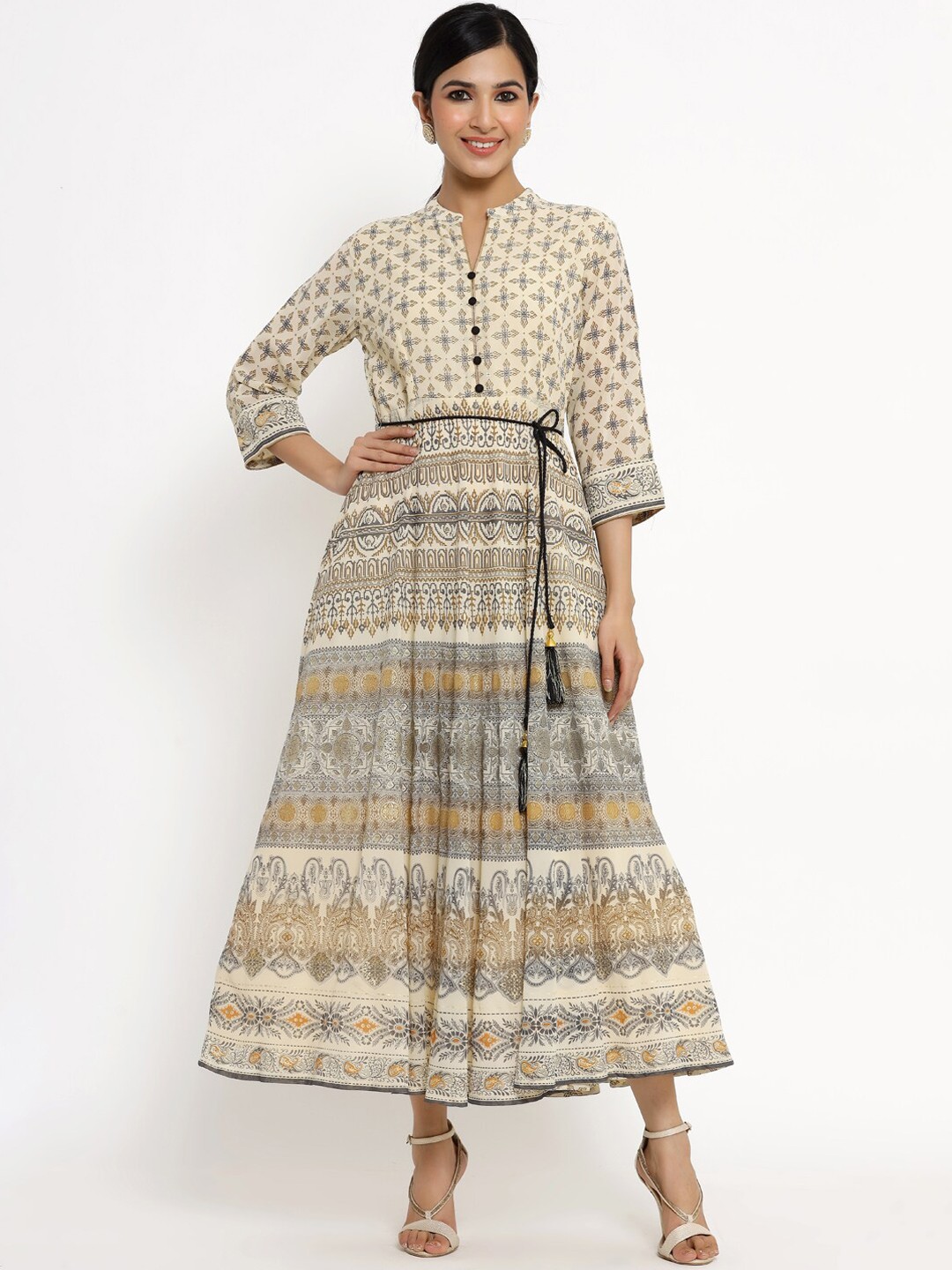 Juniper Cream-Coloured Floral Georgette Maxi Dress with Waist Tie-up