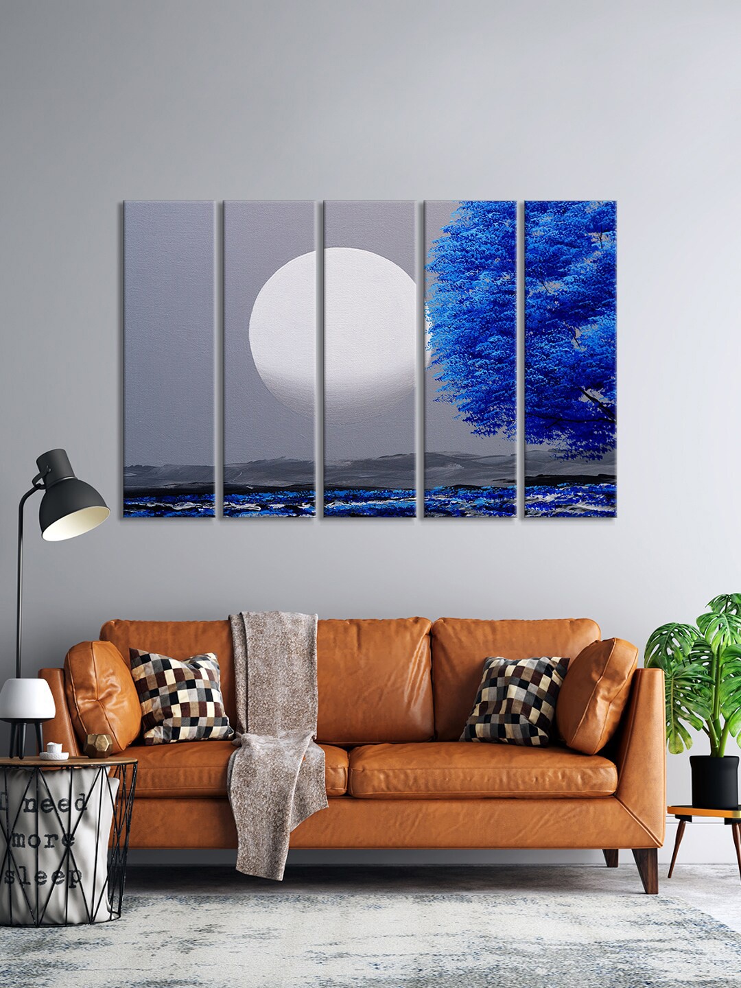 999Store Set Of 5 Blue & Grey Moonlight Background With Trees Framed Wall Art