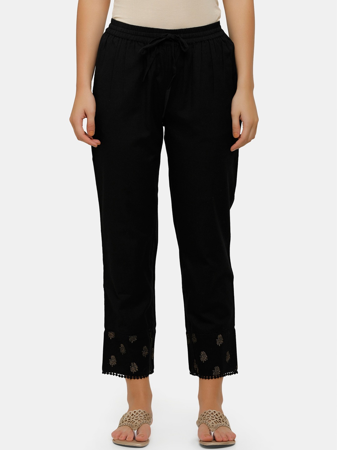

IMARA Women Black Ethnic Motifs Printed Regular Trousers