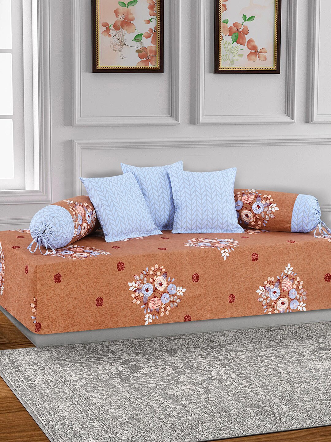 

Salona Bichona Set Of 6 Brown & Blue Floral Bedsheet With Bolster & Cushion Covers