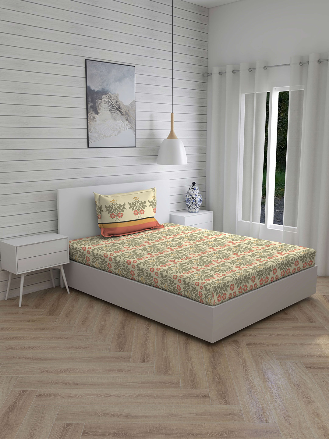 

Layers Cream & Peach-Coloured Floral 144 TC Cotton Single Bedsheet with 1 Pillow Covers