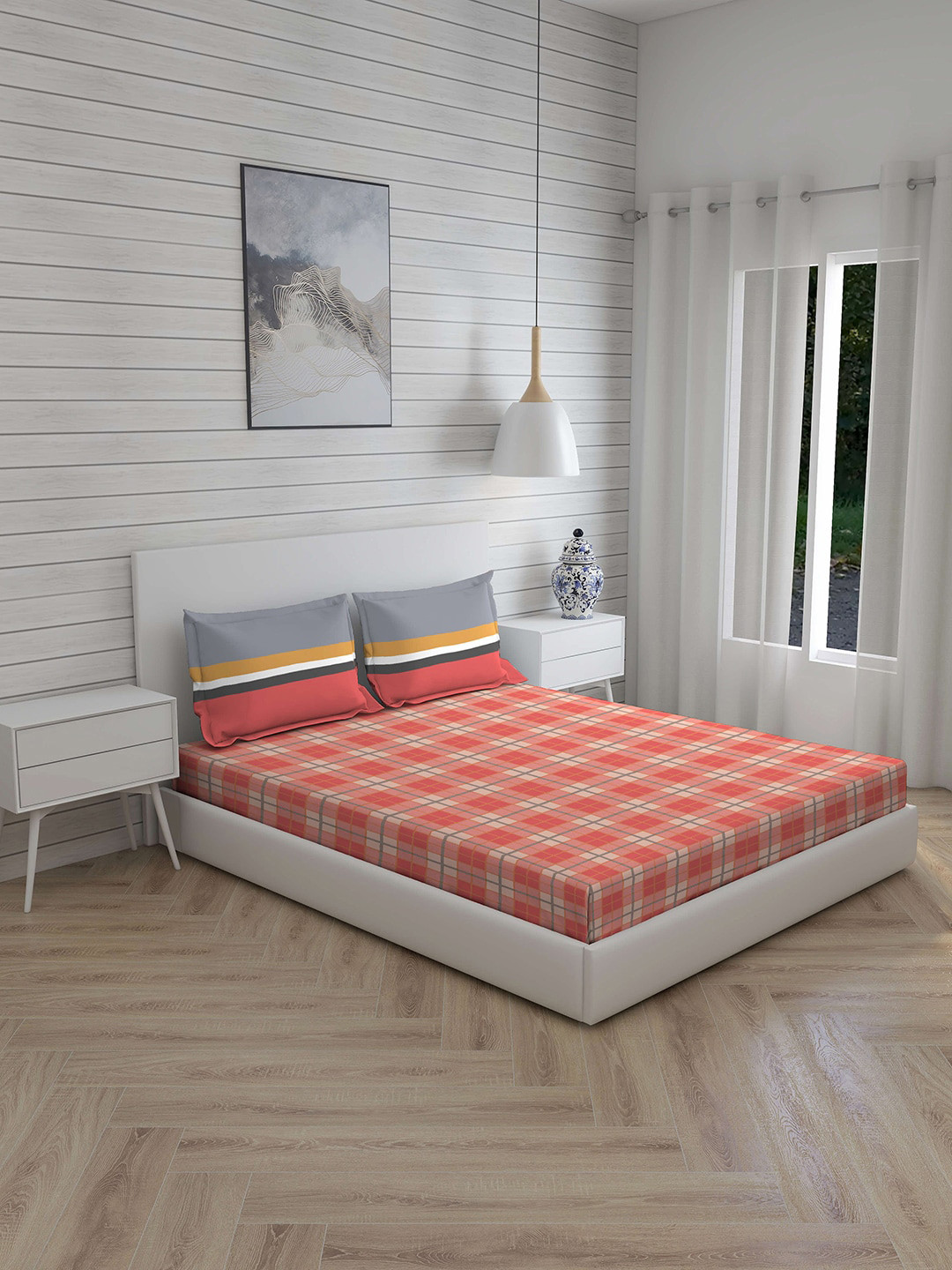 

Layers Coral & Grey Geometric 144 TC Queen Bedsheet with 2 Pillow Covers
