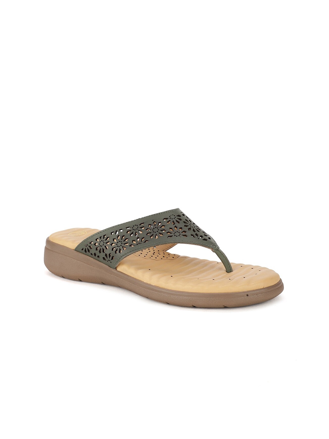 

Scholl Women Green Leather Laser Cuts Open Toe Flats