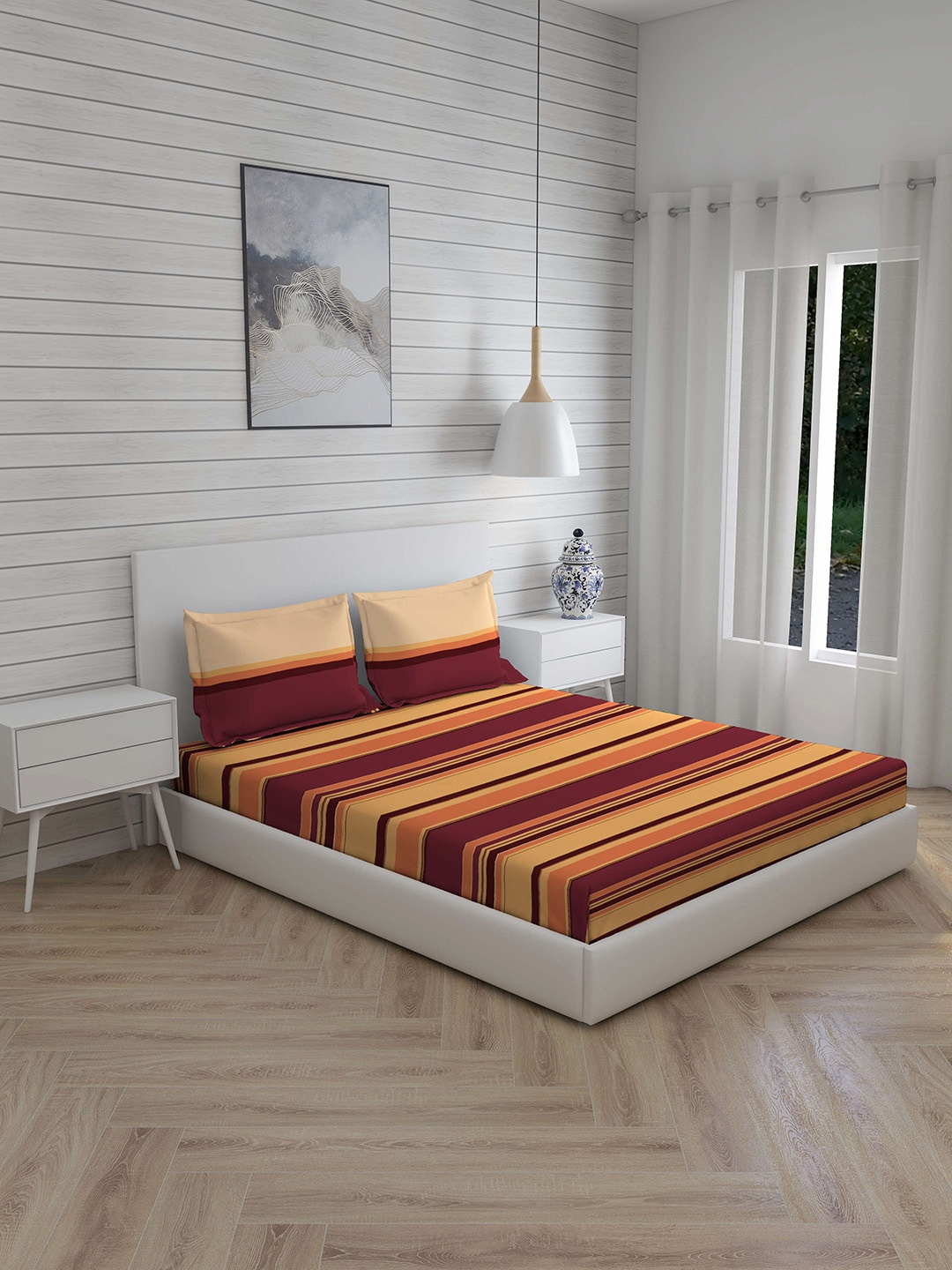 

Layers Yellow & Burgundy Striped 144 TC Queen Bedsheet with 2 Pillow Covers