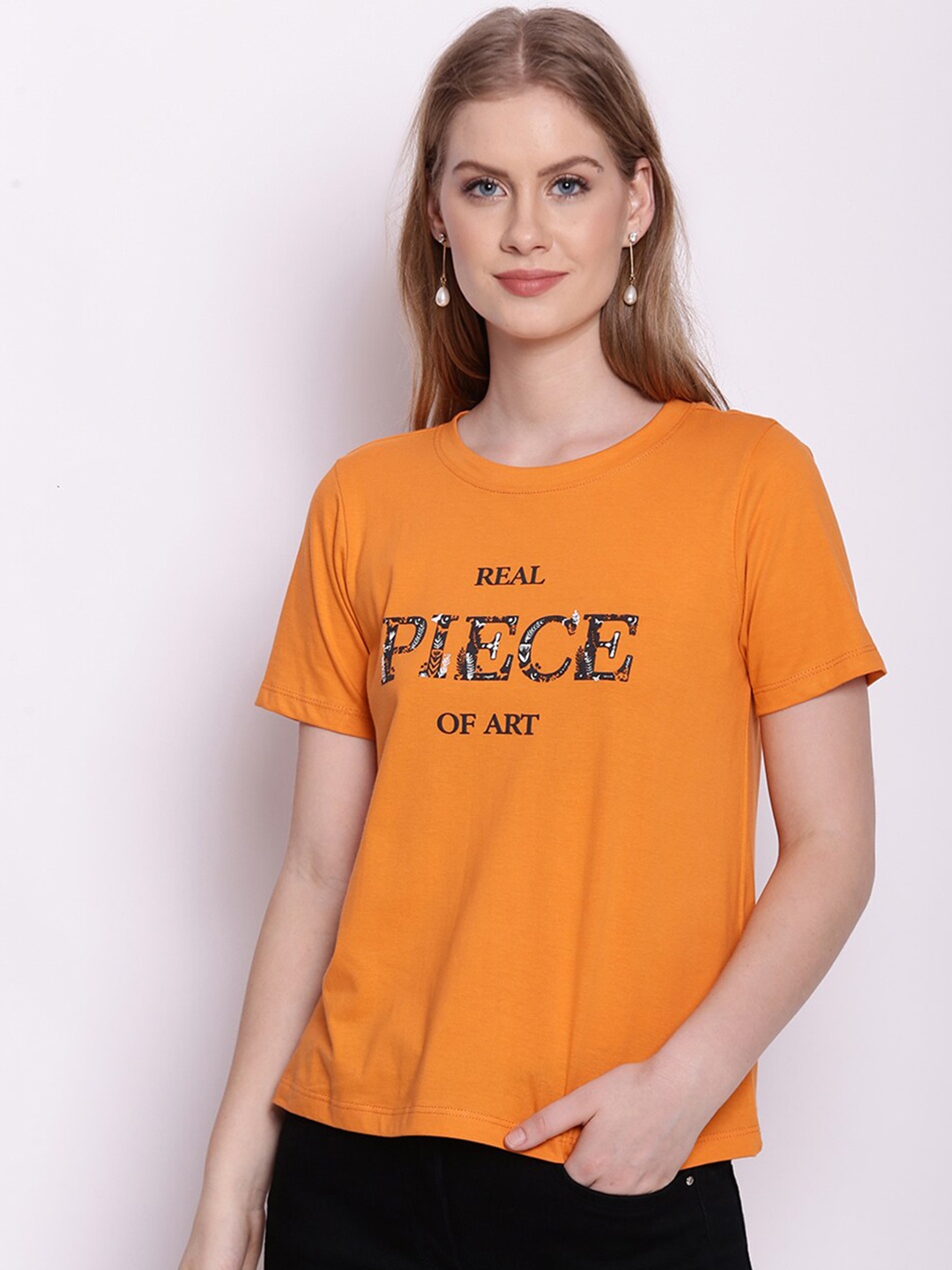 Zink London Women Orange Typography Printed T-shirt