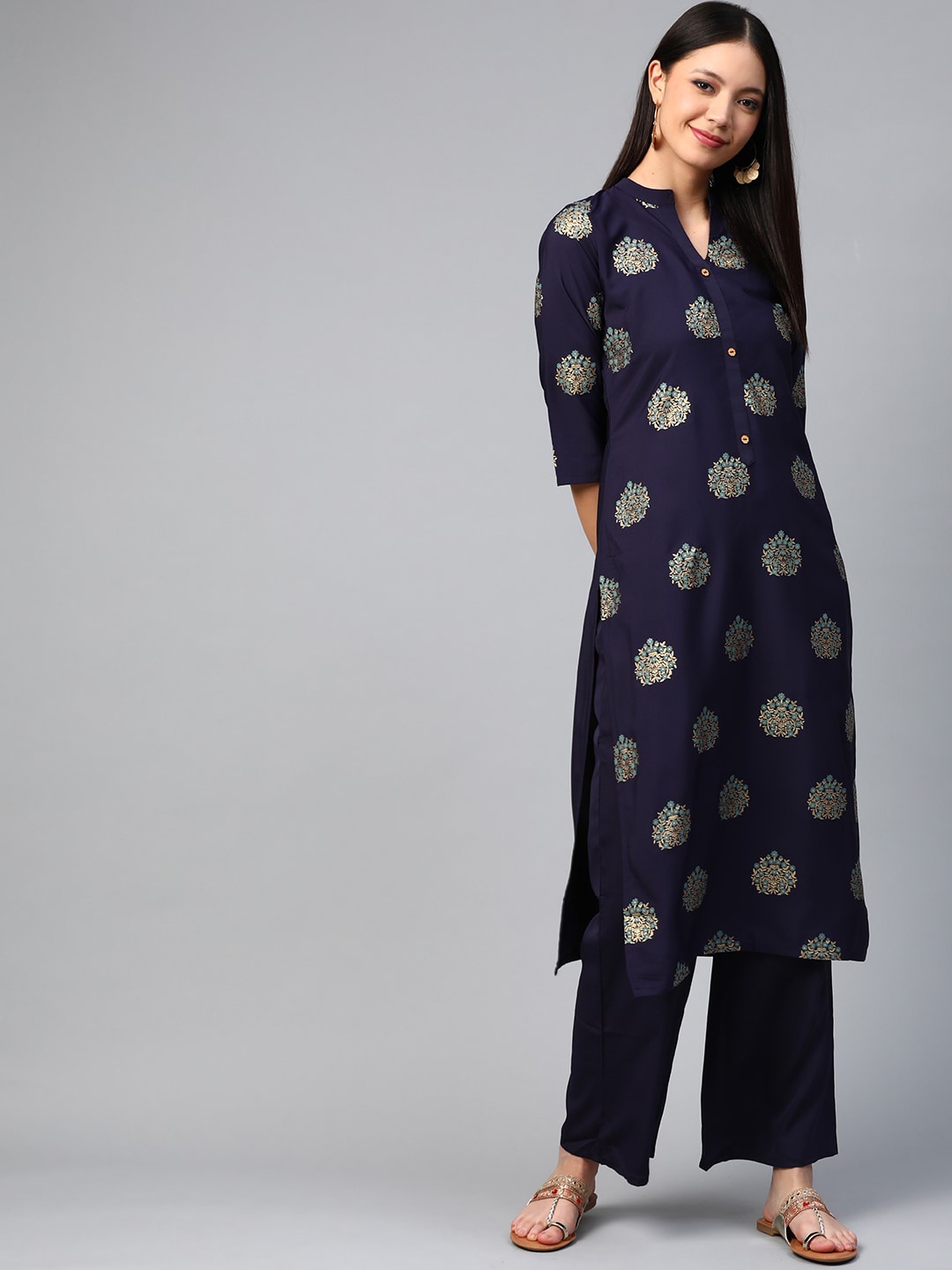 

ZIYAA Women Navy Blue Ethnic Motifs Printed Crepe Kurta