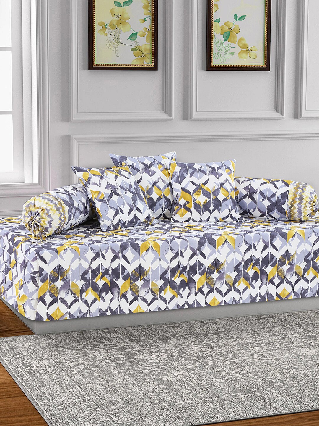 

Salona Bichona 6-Pieces White & Grey Printed Bedsheet With Bolster & Cushion Covers