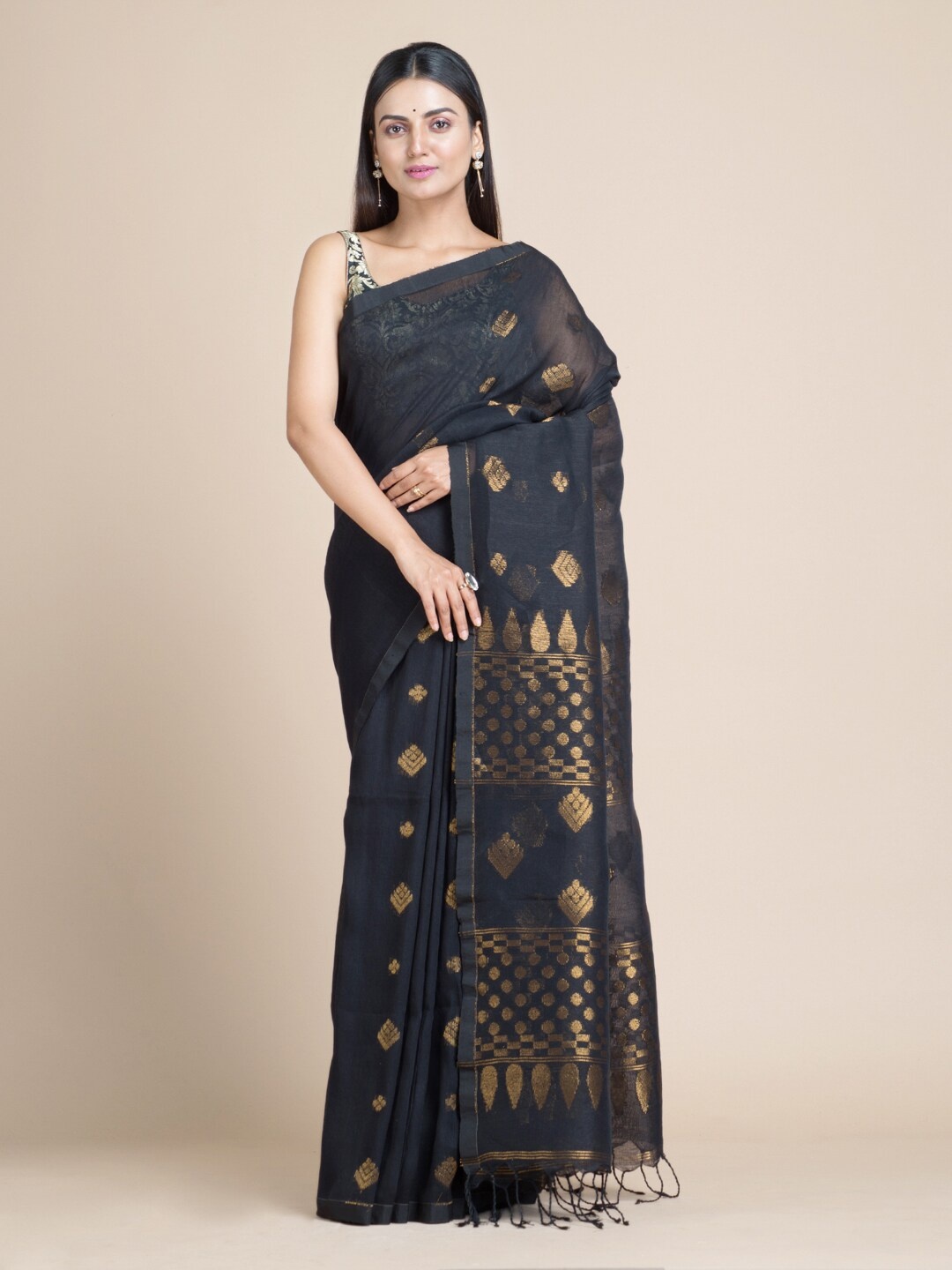 

Mitera Black & Golden Ethnic Motifs Linen Blend Saree