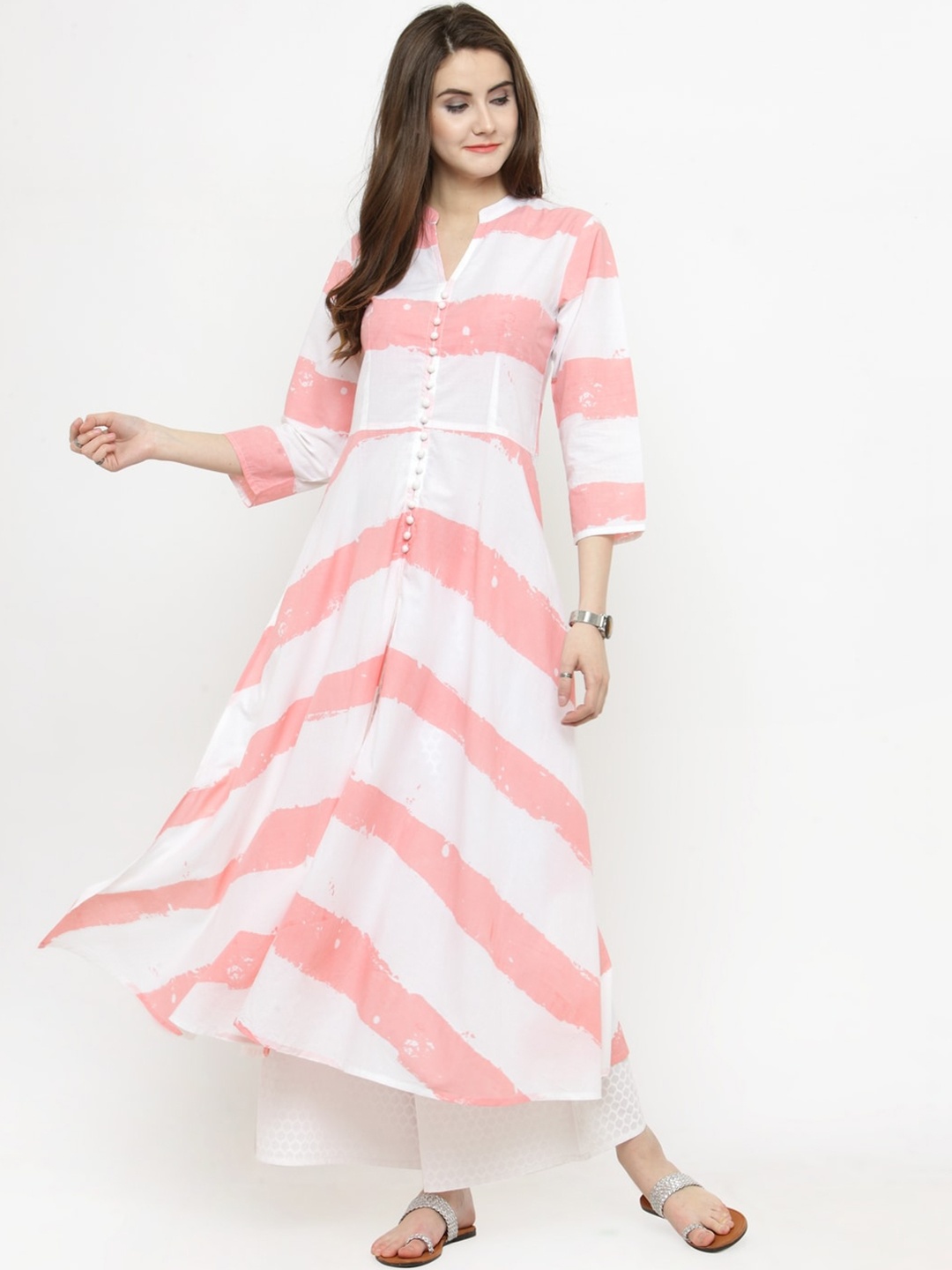 

Varanga Women Off White & Peach-Coloured Striped Anarkali Kurta