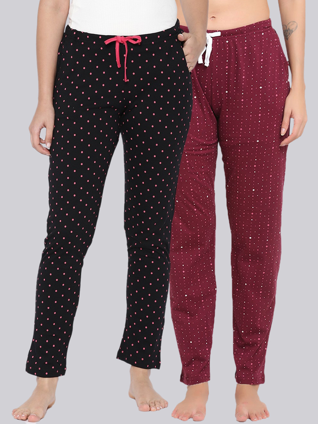 

Kanvin Women Pack Of 2 Printed Pure Cotton Lounge Pants, Maroon
