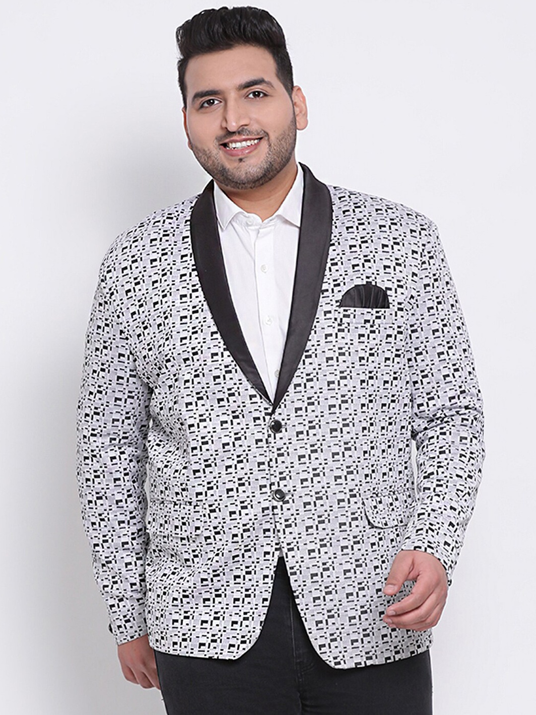 

Hangup Men Grey & White Self Design Single-Breasted Blazer