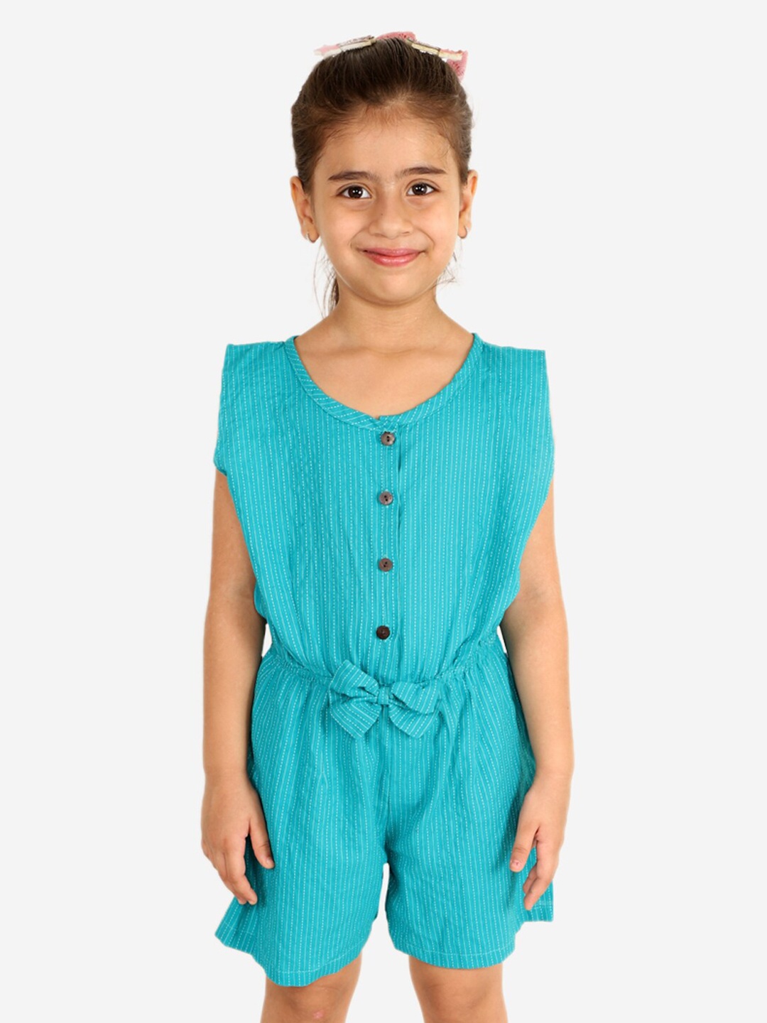 

Chipbeys Girls Turquoise Blue Striped Jumpsuit
