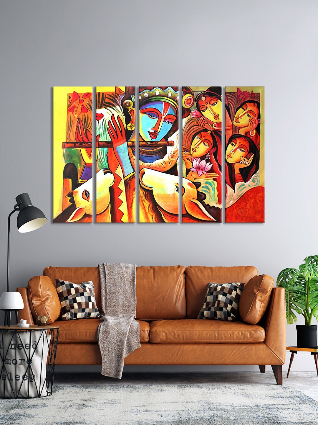 999Store Set Of 5 Yellow & Red Shri Krishna Playing Flute Wall Art Frames