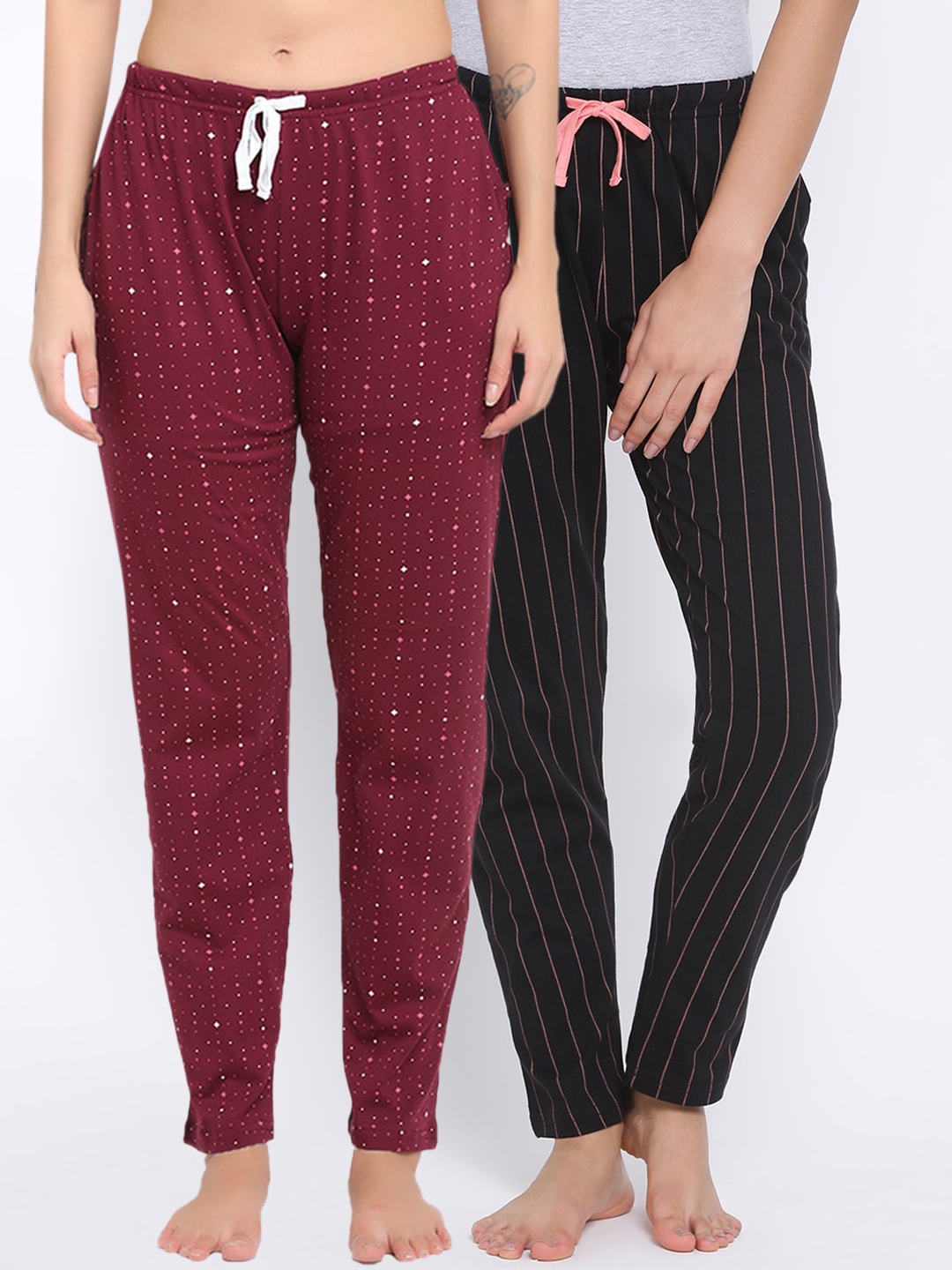 Kanvin Women Pack Of 2 Printed Cotton Lounge Pants, Maroon