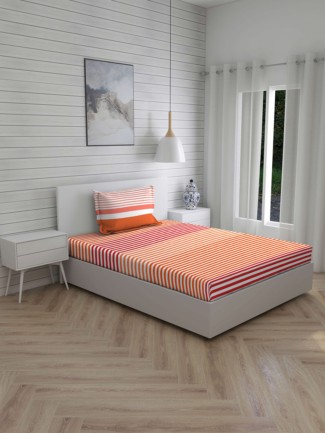 

Layers Red & Orange Striped 144 TC Single Bedsheet with 1 Pillow Covers