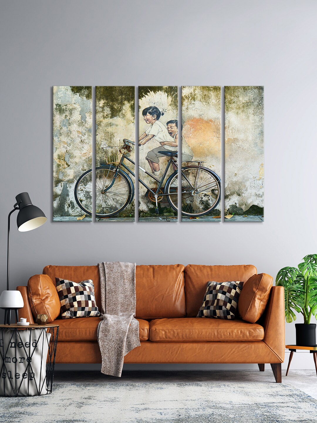 

999Store Set Of 5 Blue & Beige Two Friends Riding On The Cycle Wall Art Frames