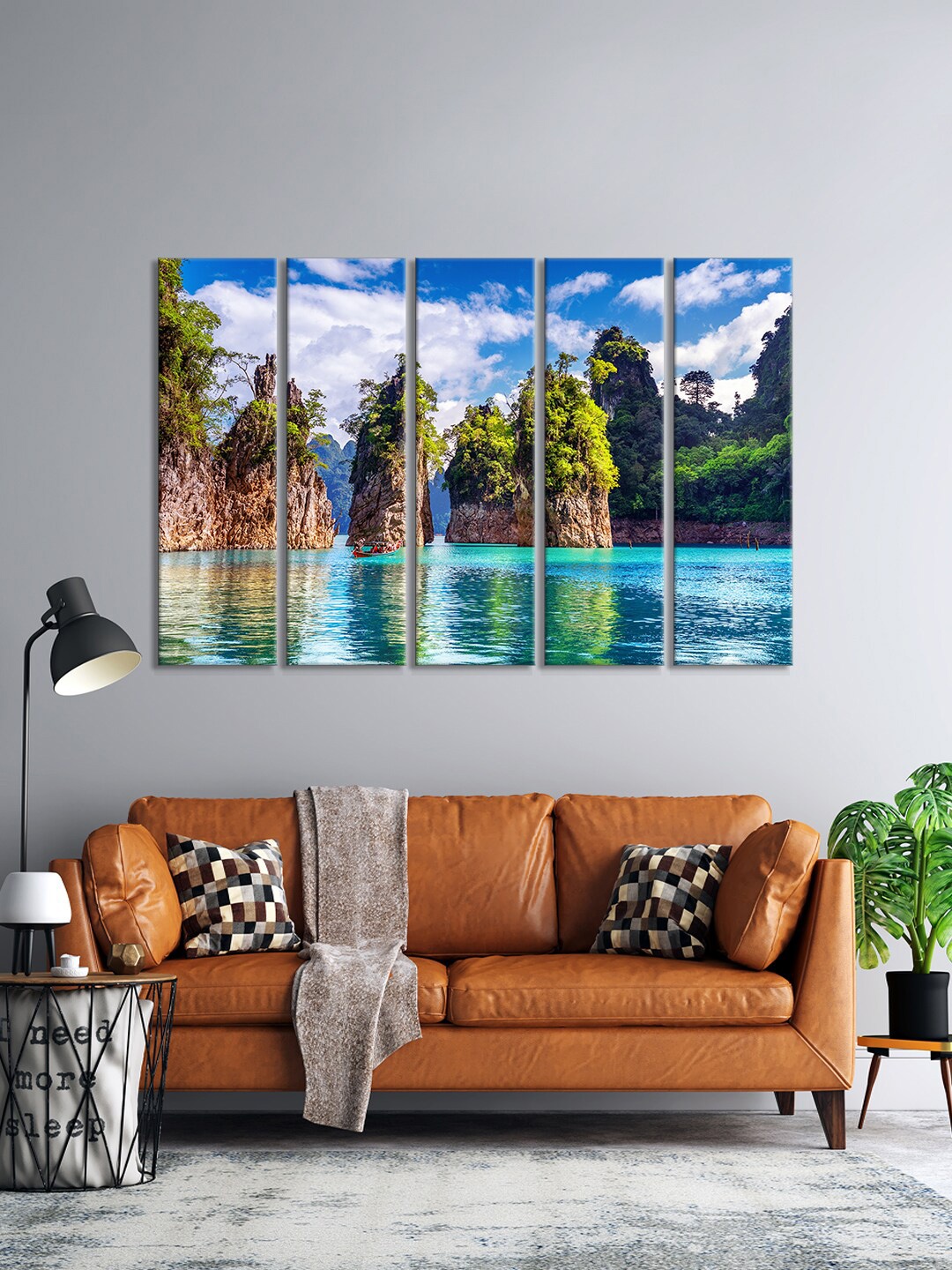

999Store Set Of 5 Blue & Green Mountain River With Trees Printed Wall Paintings