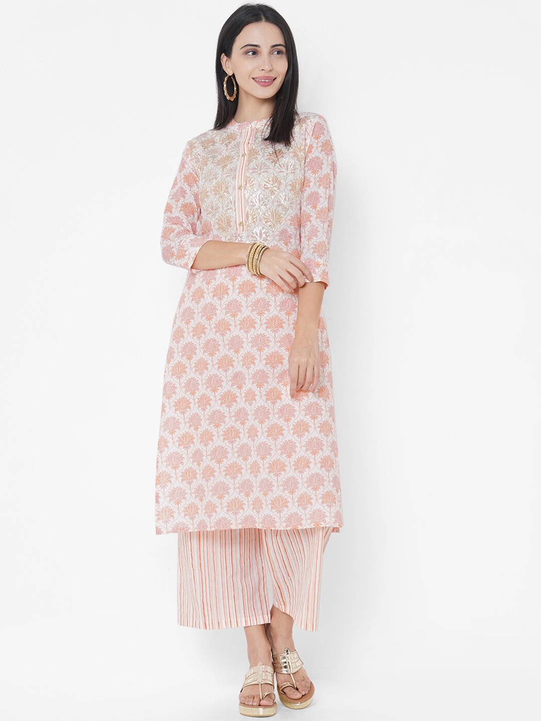 

FASHOR Women Peach Ethnic Motifs Printed Pure Cotton Kurta with Palazzos