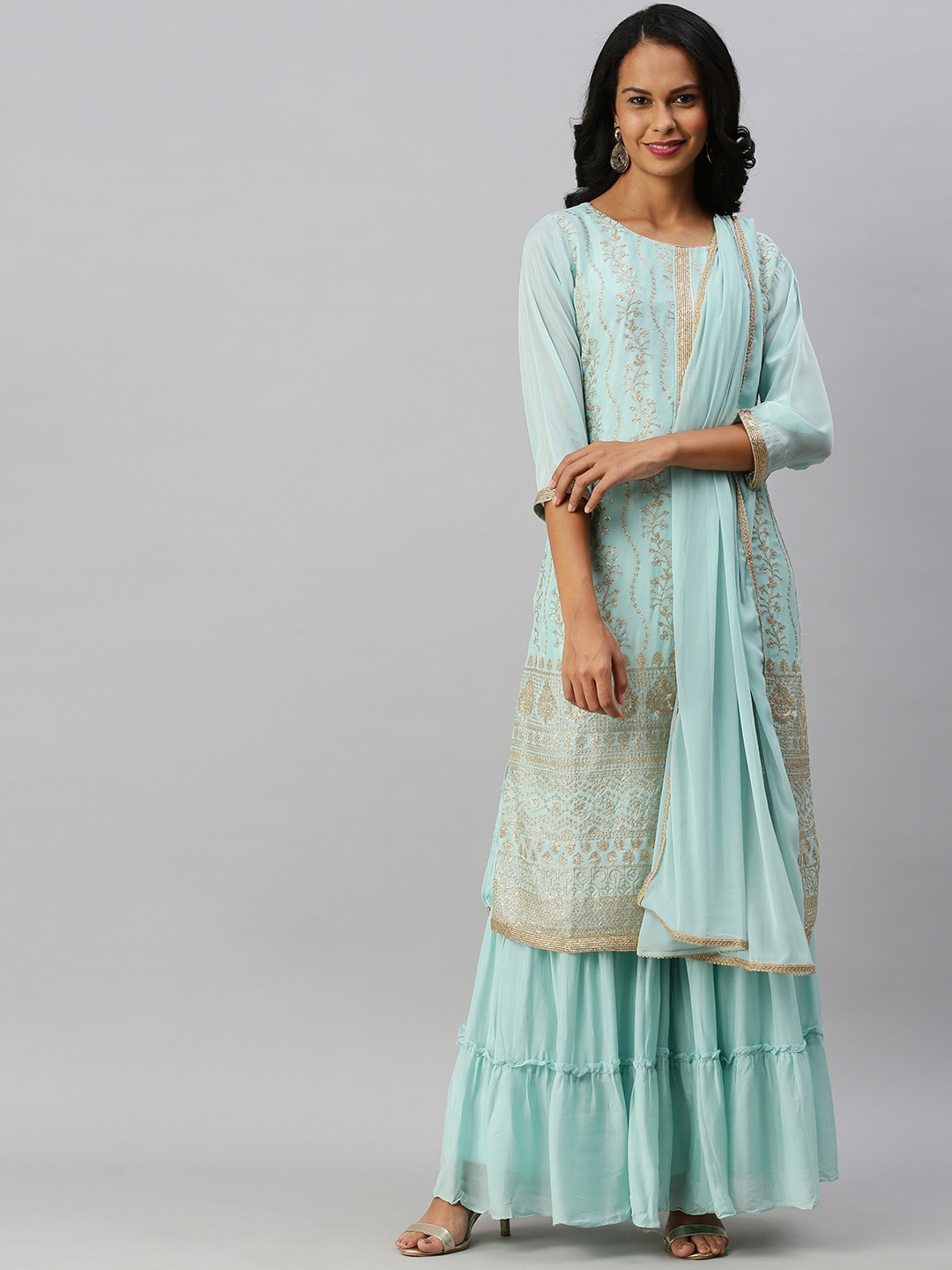 

Soch Women Blue Striped Layered Kurti with Sharara & With Dupatta