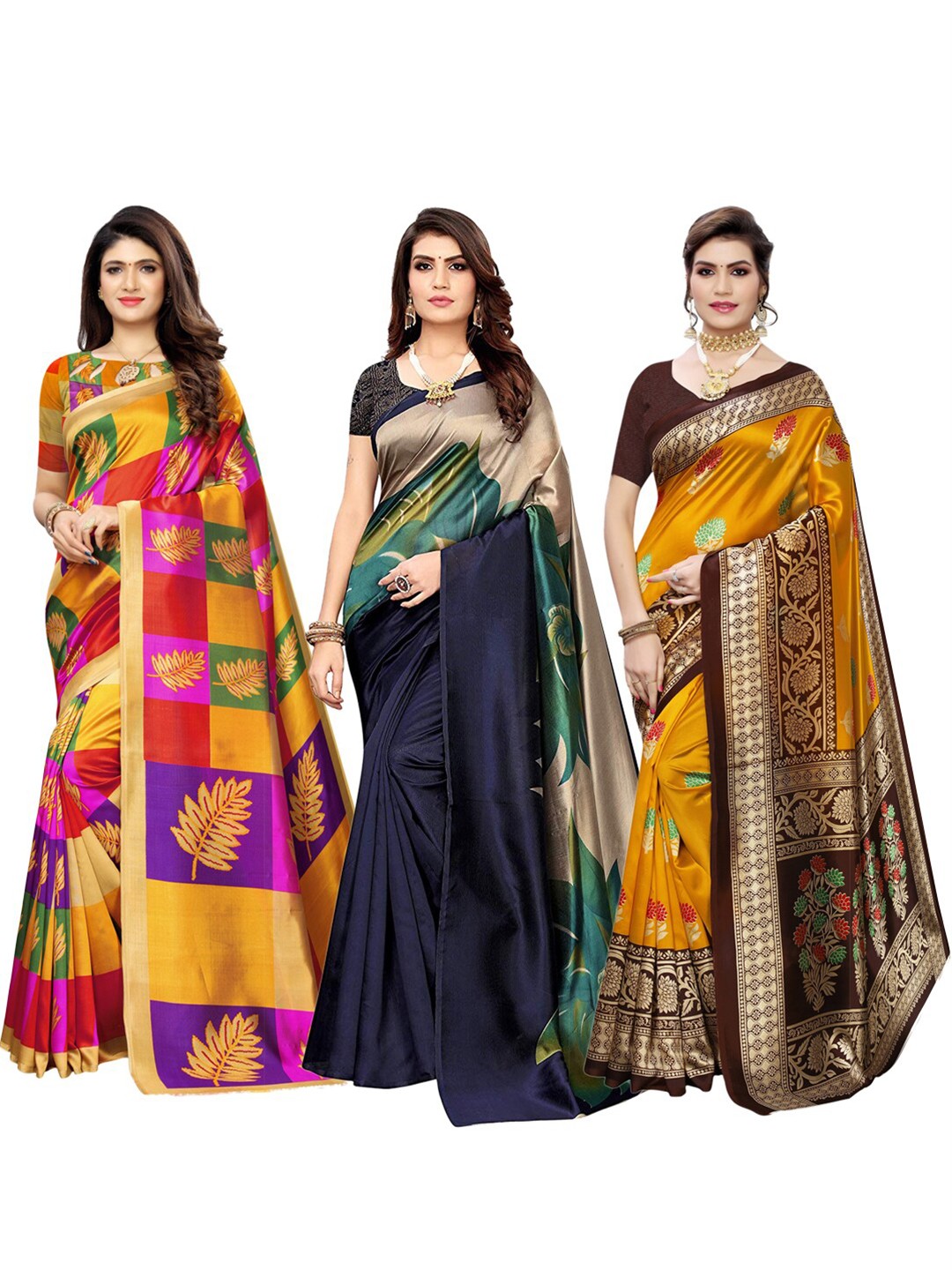 

KALINI Beige & Blue Floral Pochampally Pack of 3 Saree