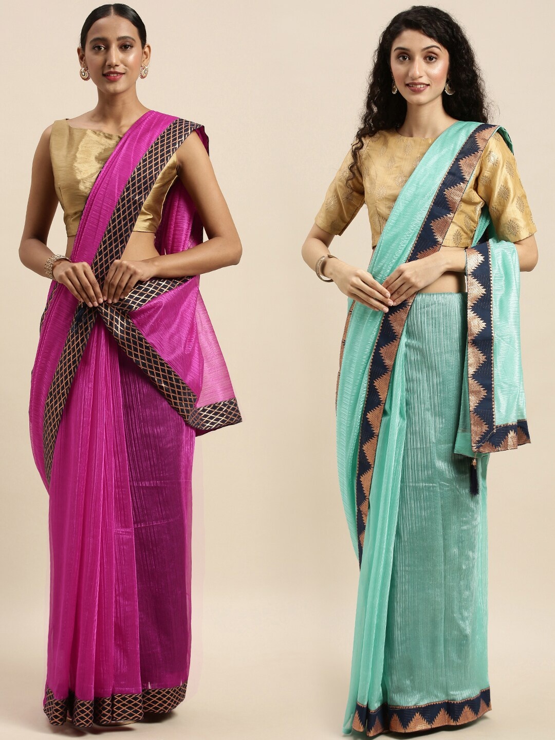 

KALINI Set of 2 Pink & Sea Green Art Silk Sarees