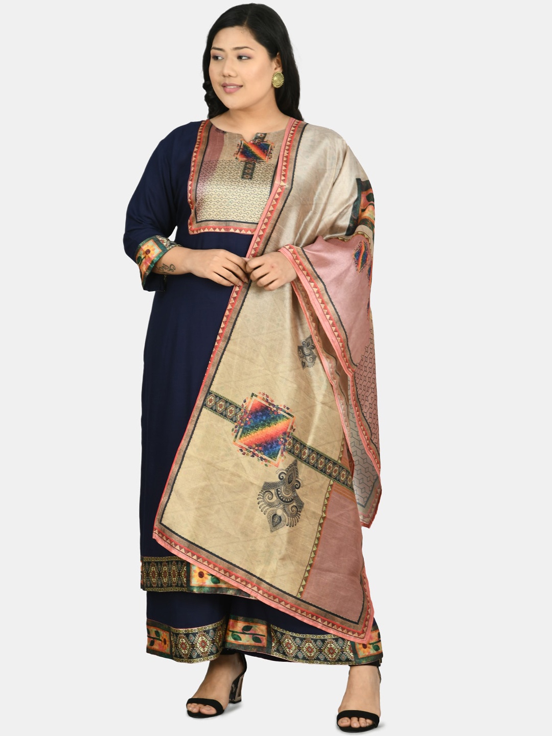 

PrettyPlus by Desinoor.com Women Navy Blue Digital Printed Kurti with Palazzos & Dupatta