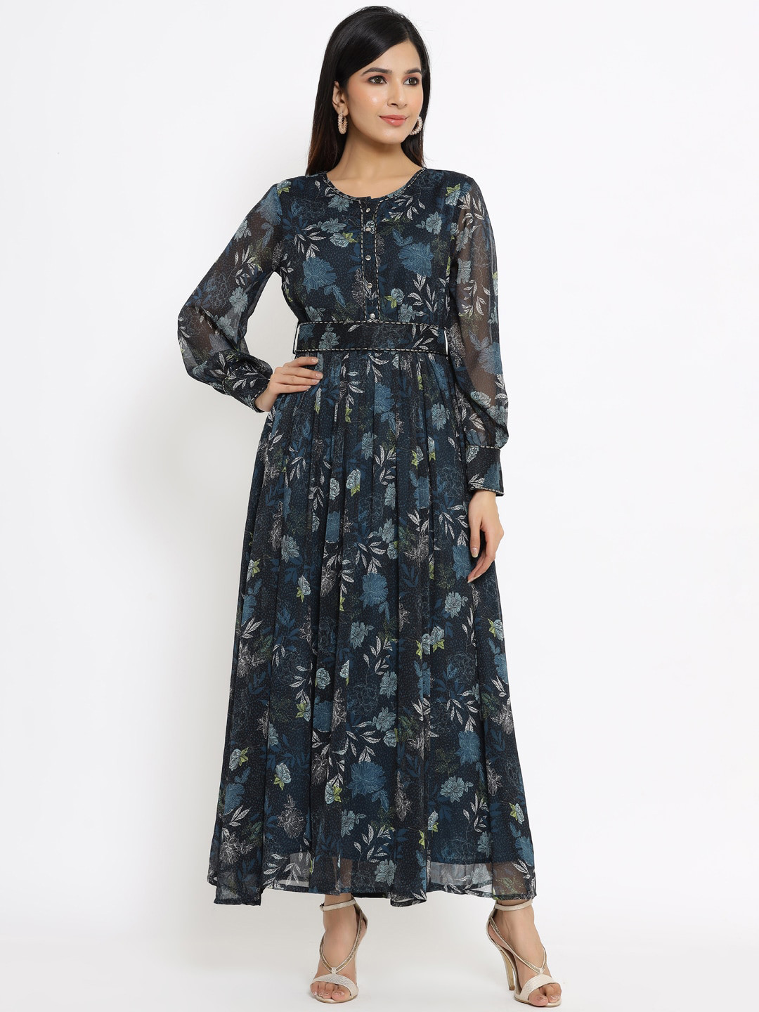 

Juniper Teal & Blue Floral Printed Chiffon Maxi Dress With Belt