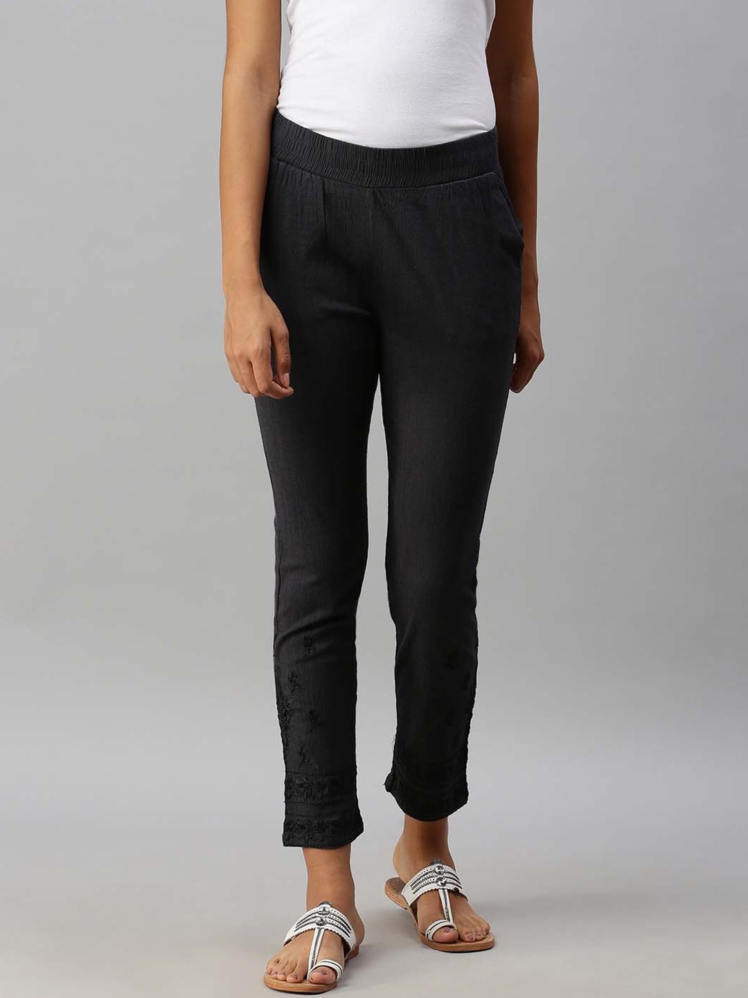 

Soch Women Grey Embroidered Regular Trousers
