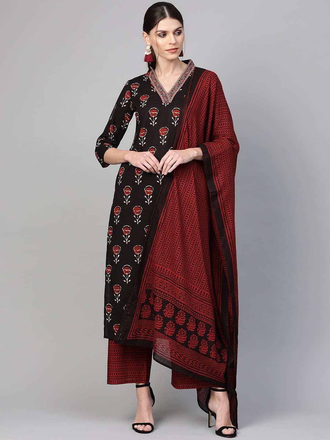 

Indo Era Women Black Ethnic Motifs Layered Pure Cotton Kurti with Trousers & With Dupatta