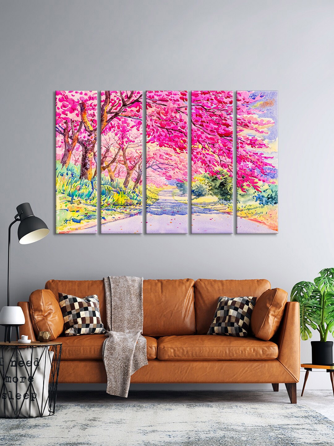 

999Store Set Of 5 Pink & Purple Colorful Tree With River Nature View Item Art Wall Art Frames