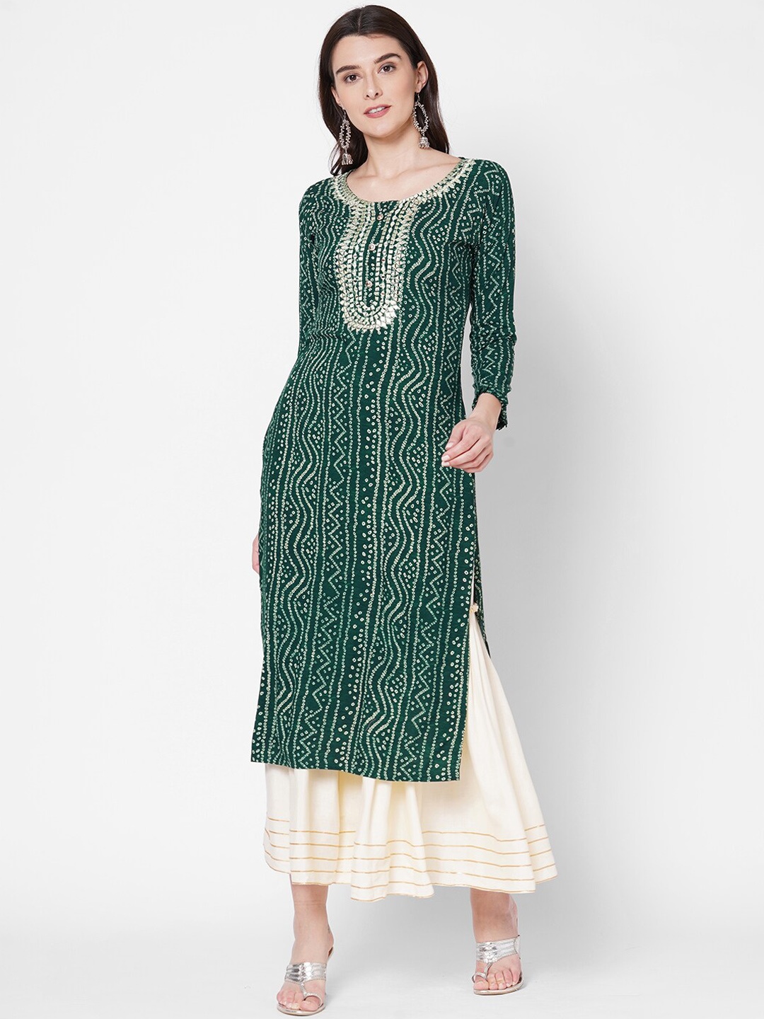 

FASHOR Women Green Bandhani Printed Mirror Work Kurta