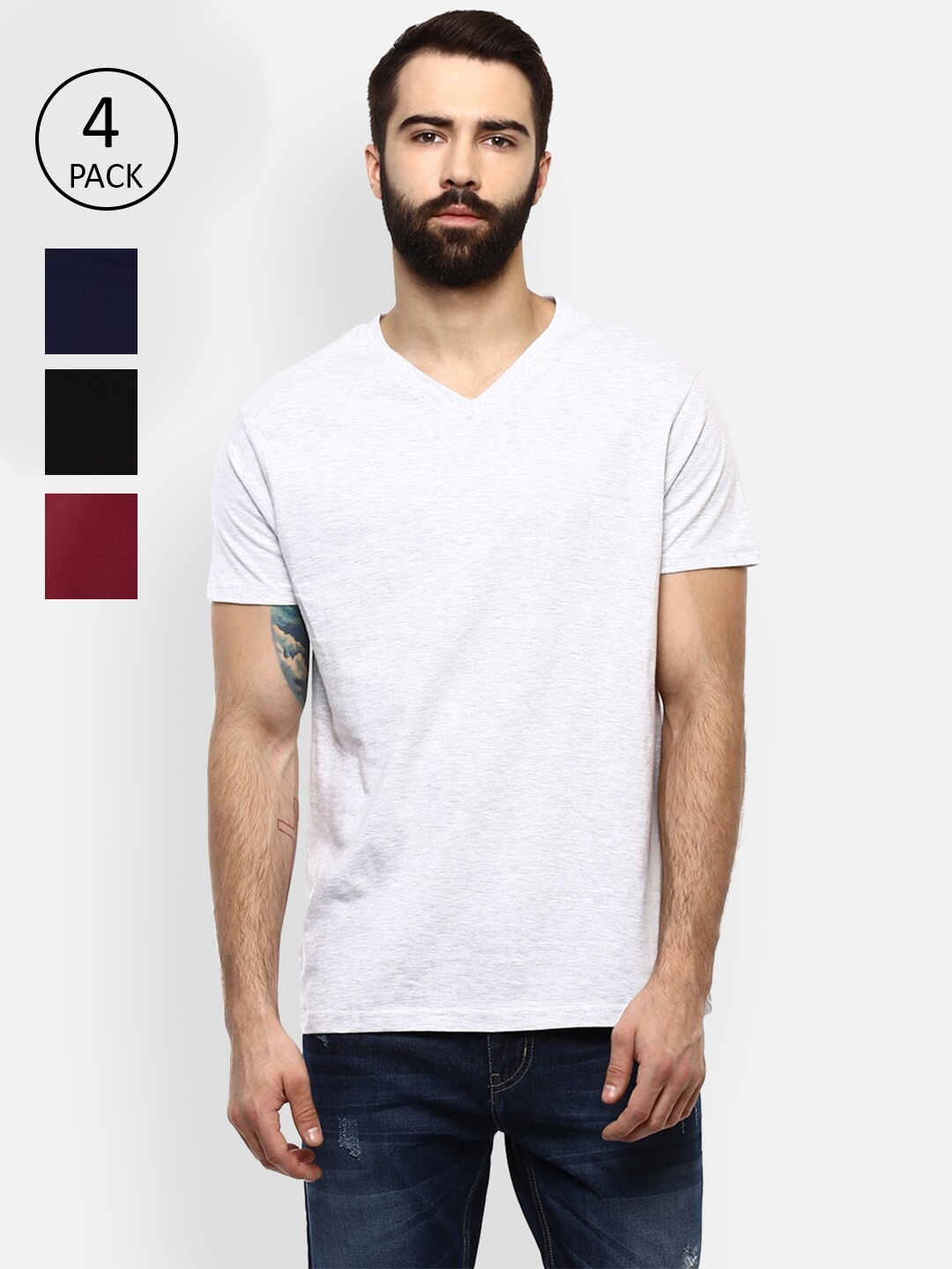 

Aventura Outfitters Men Pack Of 4 V-Neck Pure Cotton T-shirt, Black