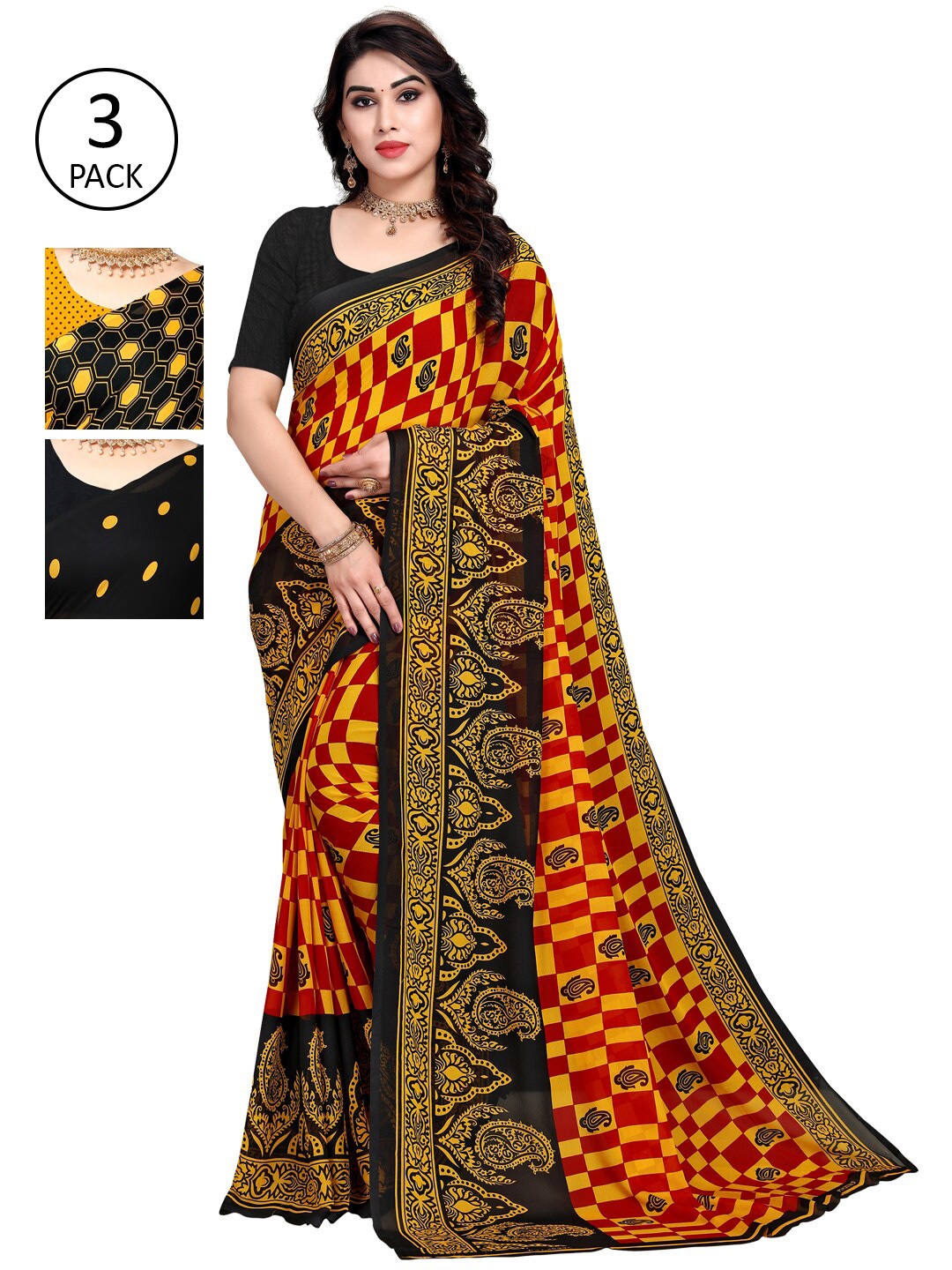 

KALINI Pack Of 3 Polka Dot Printed Sarees, Black