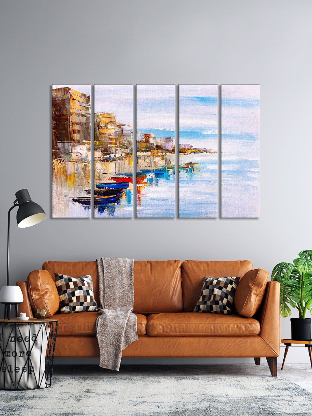 

999Store Set Of 5 Blue & White Ancient City View At Sun Framed Wall Art