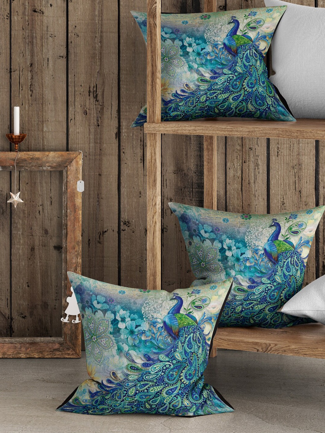 BIANCA Blue & Green Set of 3 Ethnic Motifs Square Cushion Covers