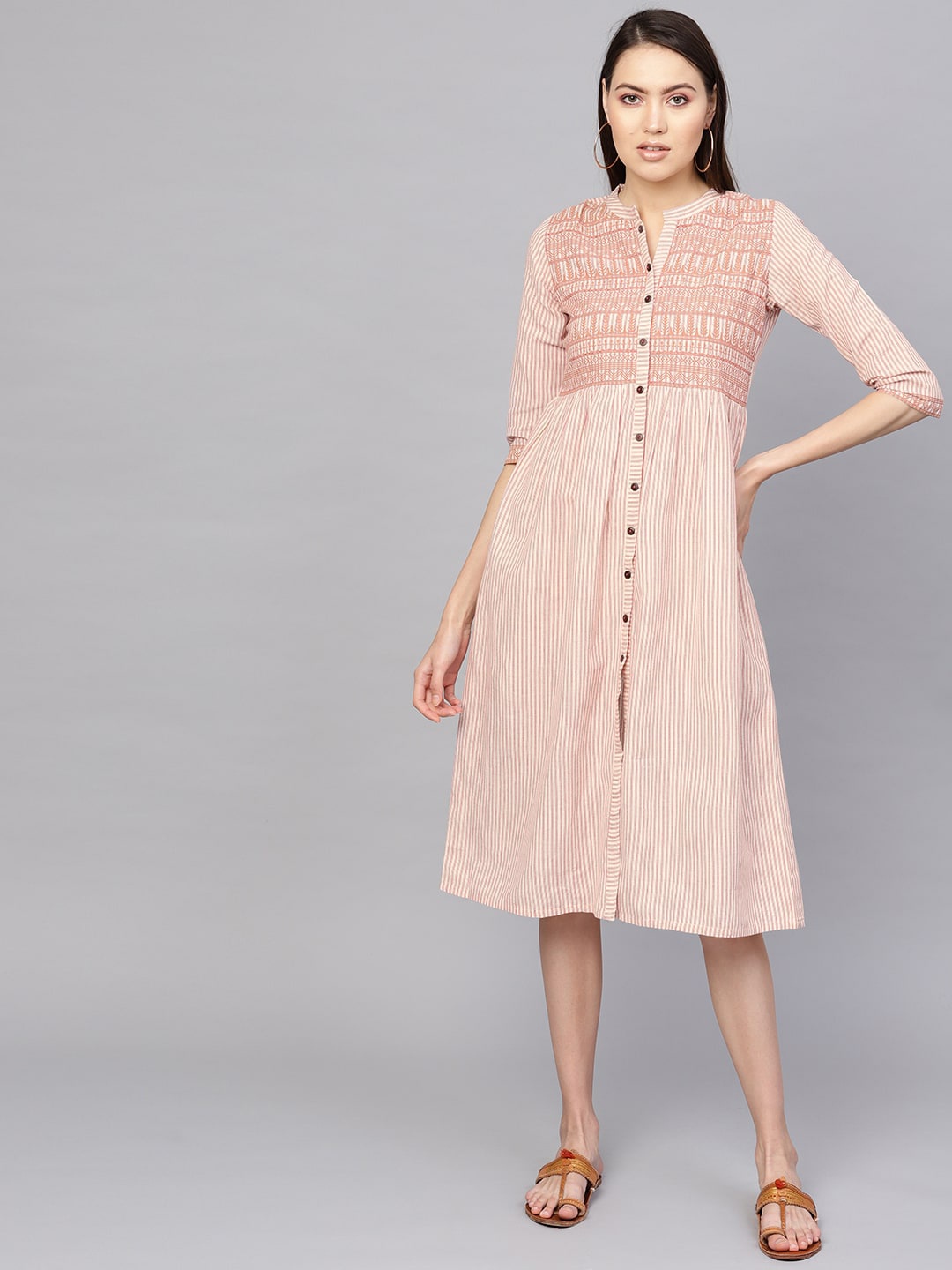 

Libas Peach-Coloured Striped A-Line Midi Dress