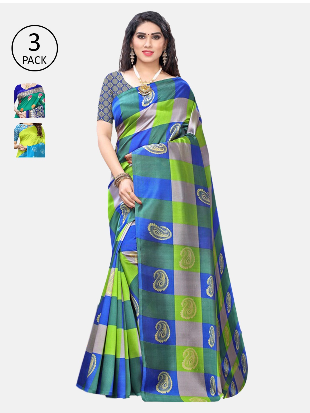 

KALINI Green & Turquoise Blue Floral Pack of 3 Pochampally Saree
