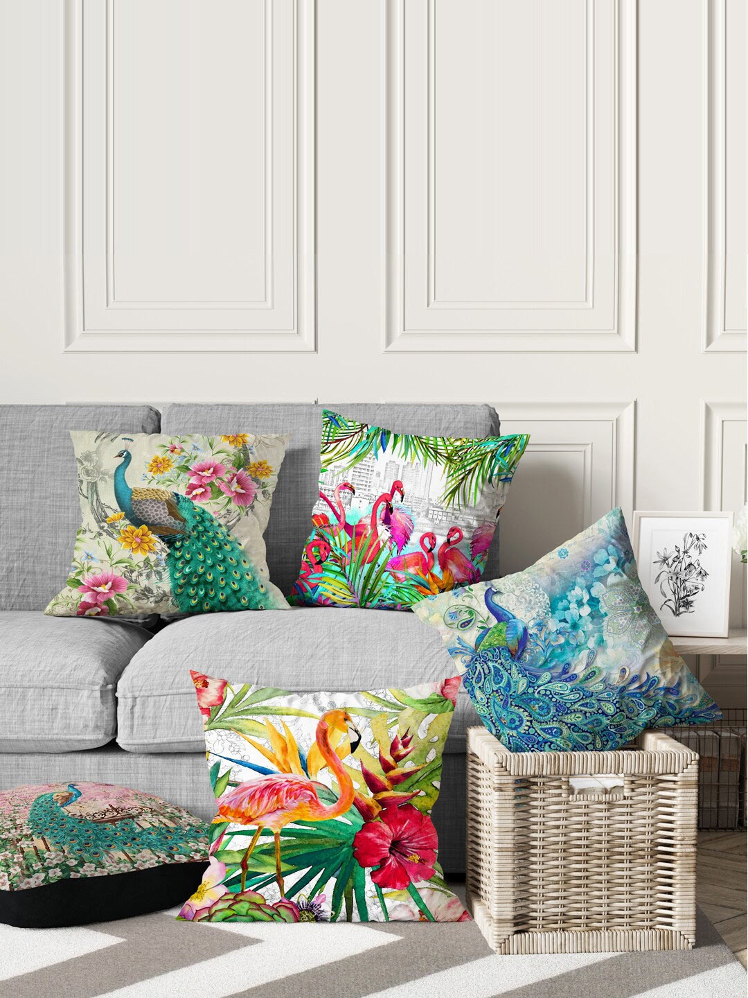 

BIANCA Multicoloured Set of 5 Ethnic Motifs Square Cushion Covers, Multi