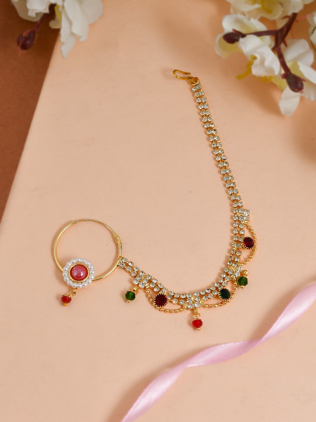 

Silvermerc Designs women Gold-Plated White & Red CZ-Studded Beaded Bridal Nosering