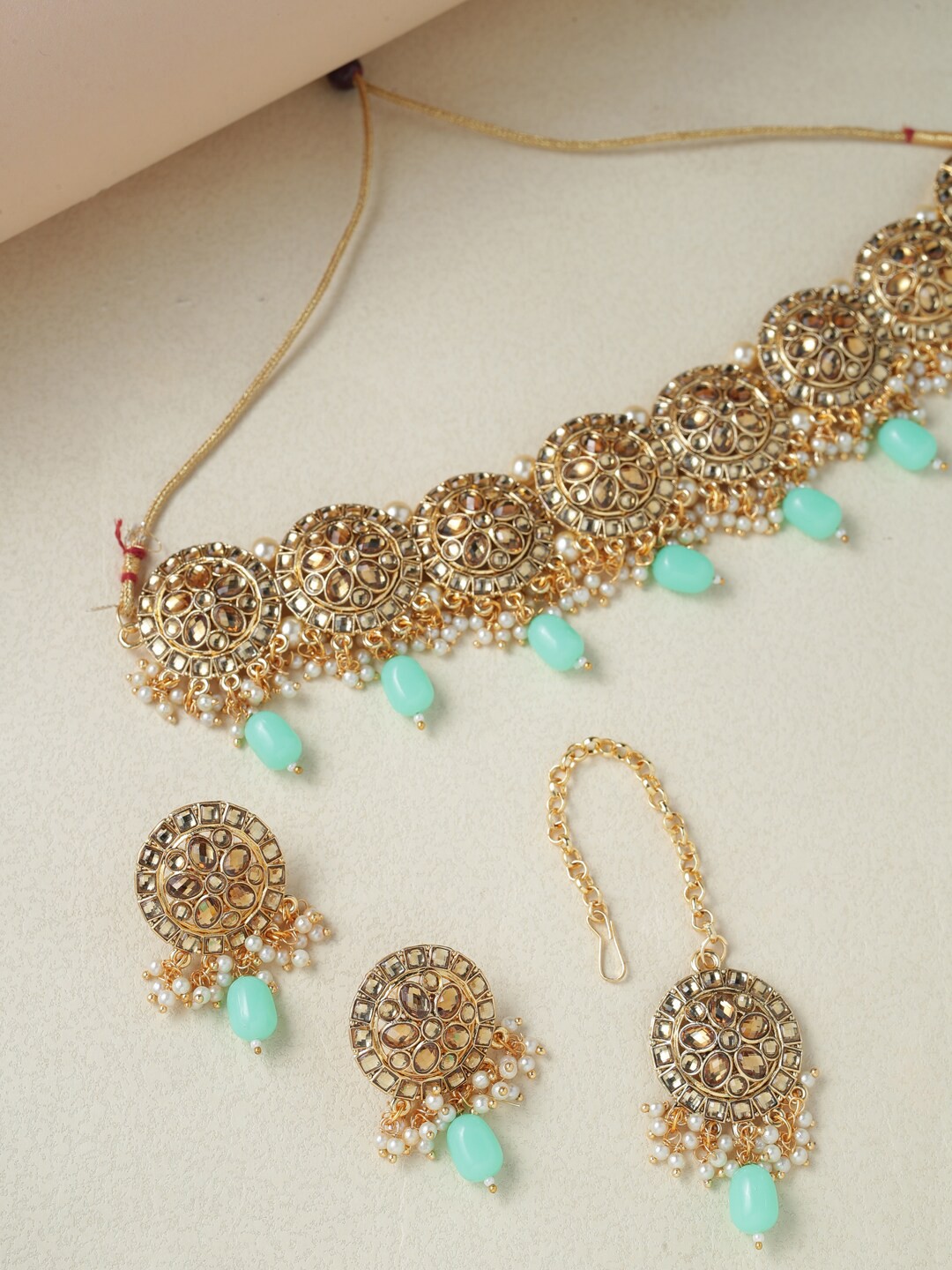 

Shoshaa Gold-Plated White & Blue Stone-Studded & Beaded Handcrafted Jewellery Set