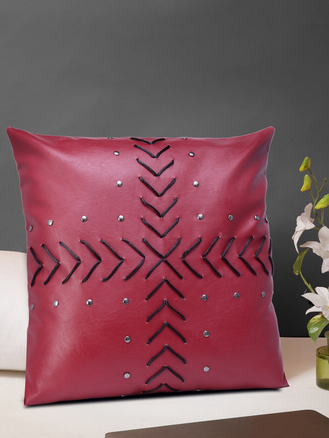 IMUR Red & Black Embroidered Square Cushion Covers