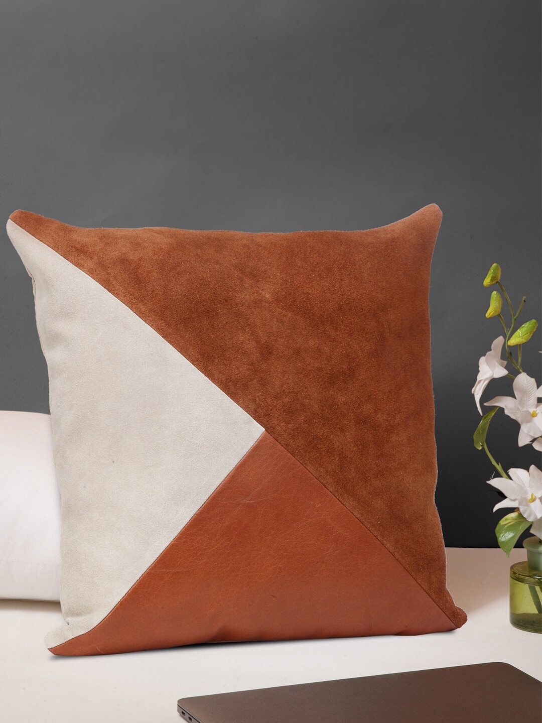 

IMUR Brown & Cream-Coloured Colourblocked Leather Square Cushion Cover