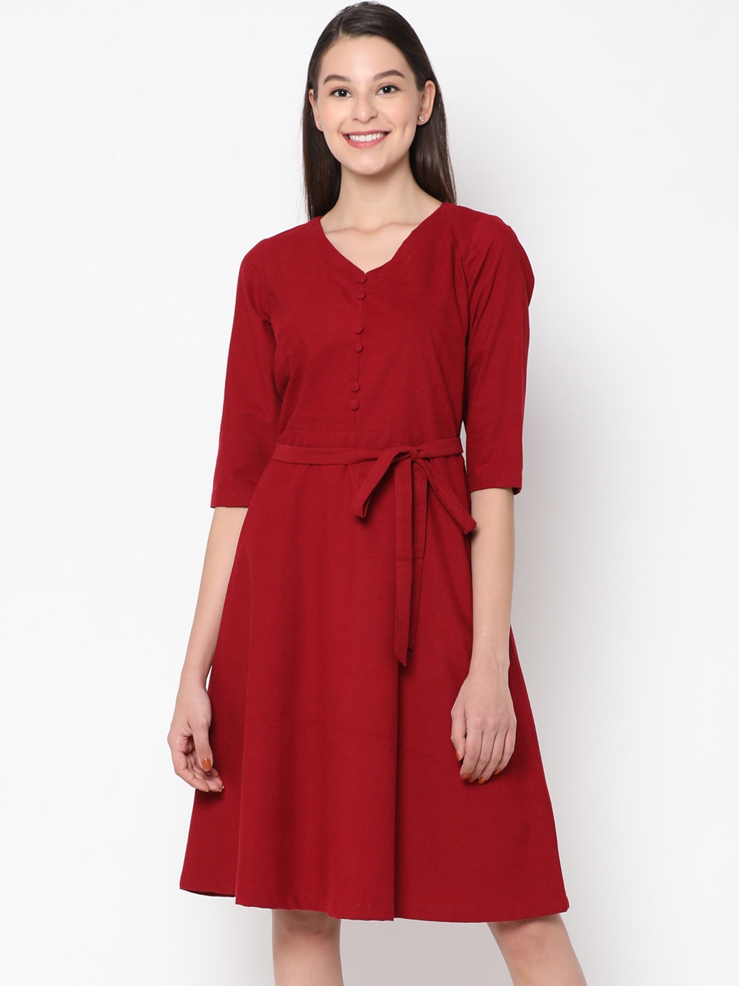 

CINNAMON CLOSET Women Maroon Solid Fit & Flared Dress